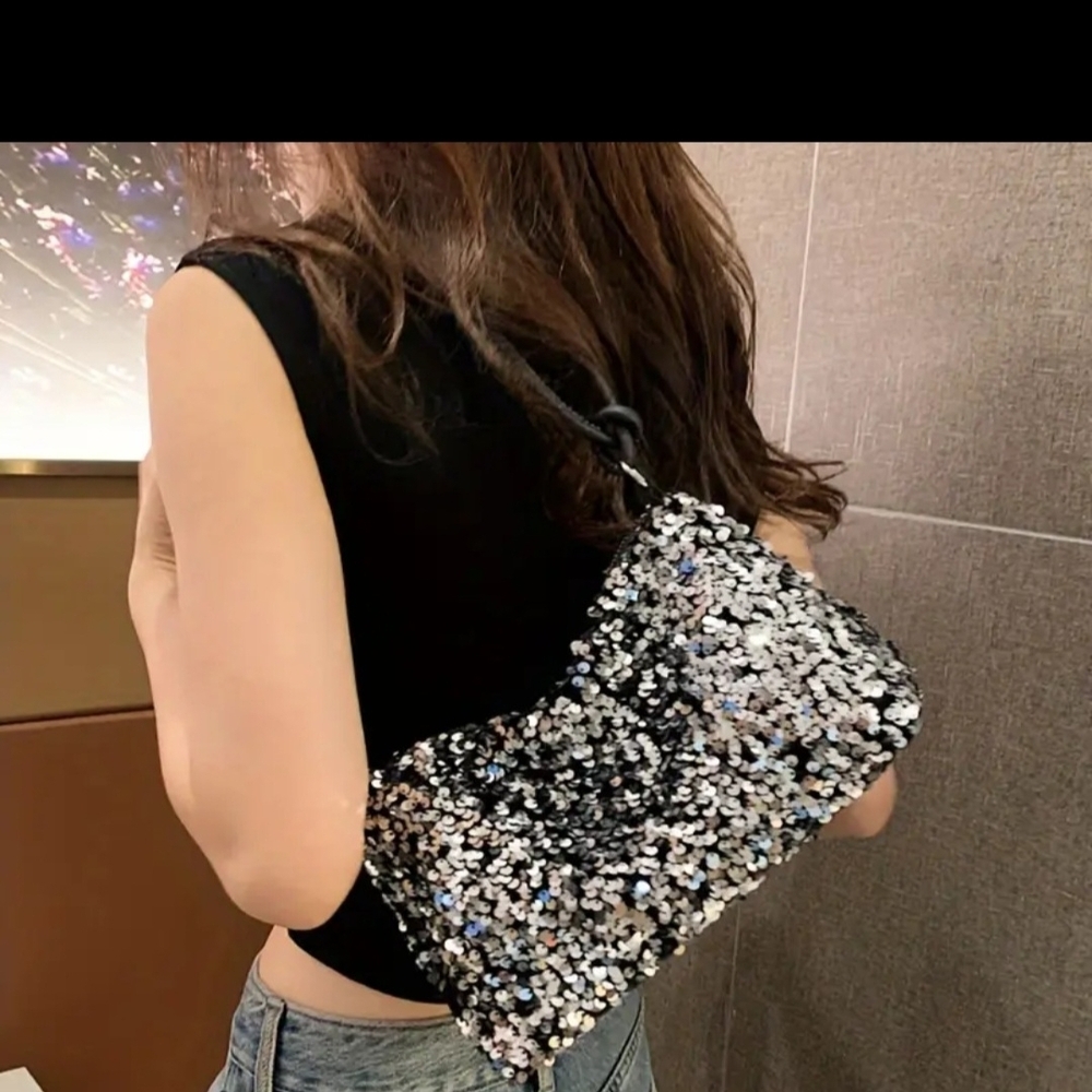 Glamorous Black and Silver Sequin Shoulder Bag - Picture 3 of 5